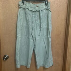 Wide Leg crop pant. Waist is made with fringe. Light mint color